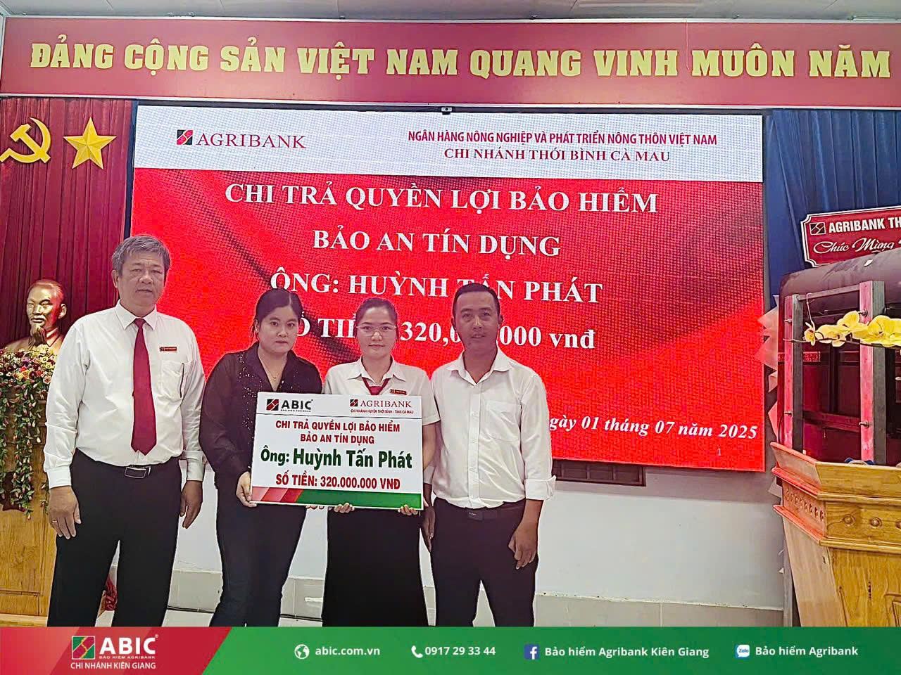 BẢO HIỂM AGRIBANK KIÊN GIANG CHI TRẢ 320 TRIỆU ĐỒNG QUYỀN LỢI BẢO HIỂM BẢO AN TÍN DỤNG TẠI CÀ MAU
