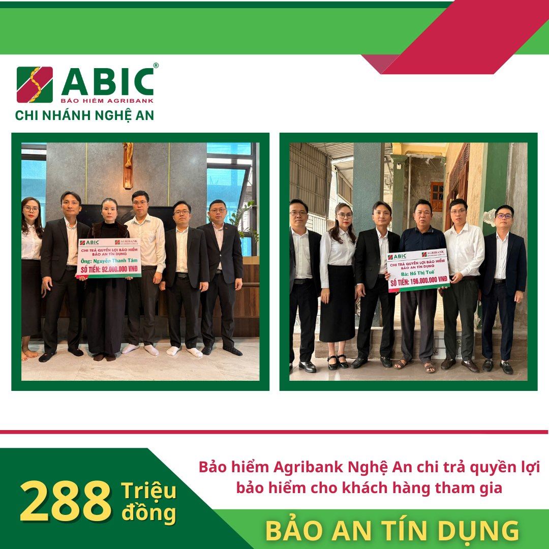 BẢO HIỂM AGRIBANK NGHỆ AN CHI TRẢ 288 TRIỆU ĐỒNG QUYỀN LỢI BẢO AN TÍN DỤNG CHO KHÁCH HÀNG GẶP RỦI RO