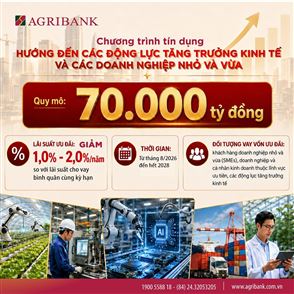 Agribank tiên phong triển khai chương trình tín dụng ưu đãi 70.000 tỷ đồng hướng đến các động lực tăng trưởng kinh tế và doanh nghiệp nhỏ và vừa